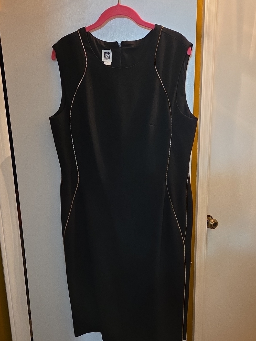 Ann Klein Black Sleeveless Sheath Dress with Contrast Gold Metal Piping